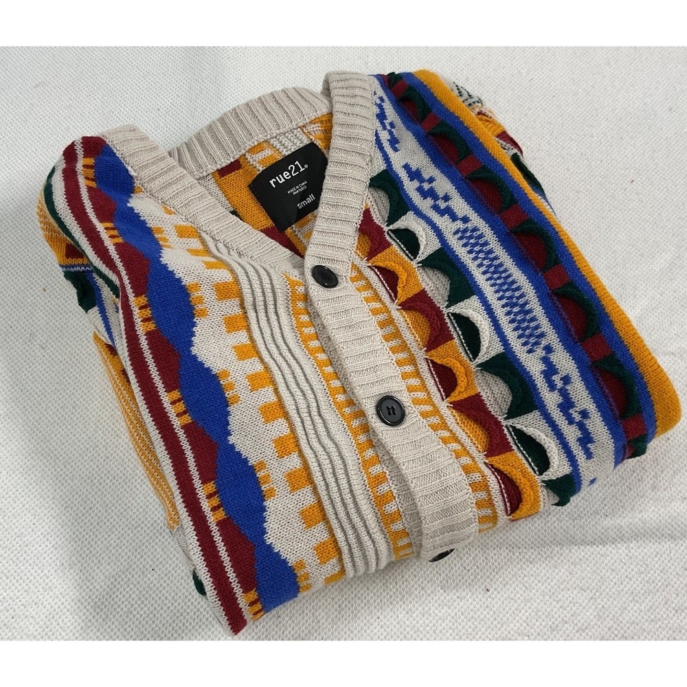 Grandpa 3D Knit Patterned Cardigan SM Colorful Stripe Indie Boho Artsy‎ Textured